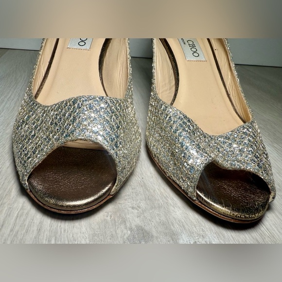 Jimmy Choo Gold/Silver Glitter Isabel Peep Toe Pumps Size 37 us 6.5 - Picture 2 of 7
